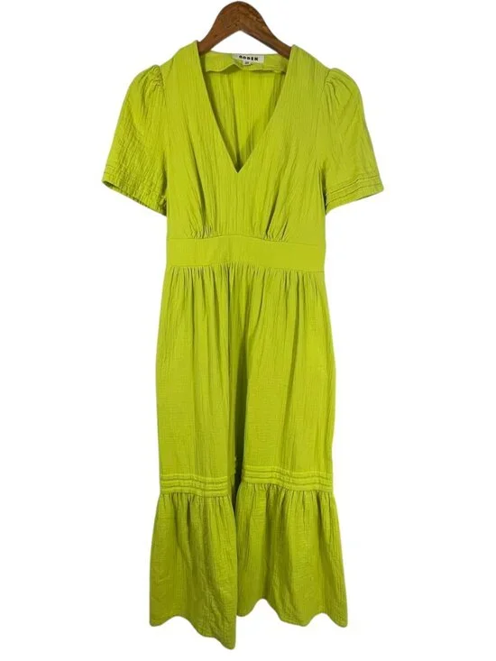 Boden Lime Green Cotton Midi Dress Empire Waist Puff Sleeve 2R - Picture 2 of 12